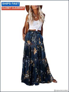 Boho High Waist Tie Flowy Maxi Skirt with Pockets Chiffon
